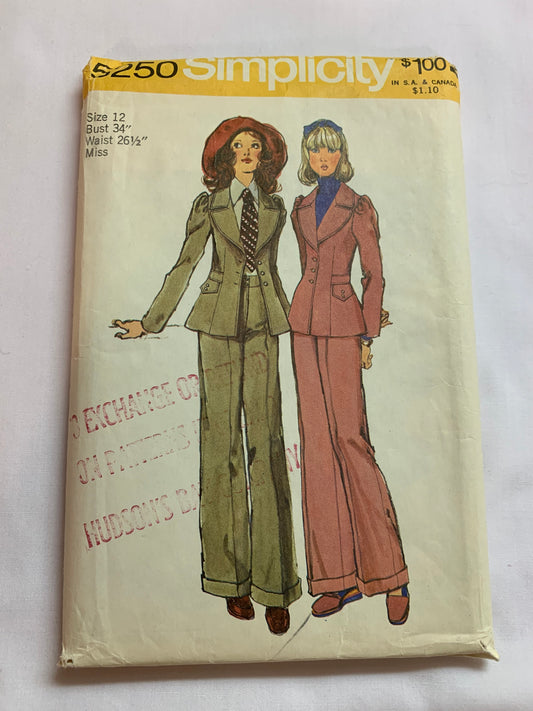 Simplicity Sewing Pattern 5250 Misses' Lined Jacket, Pants, Button Front, Zipper Closure, Long Sleeves, Collar, Cuffs, Size 12, Cut, Vintage 1972