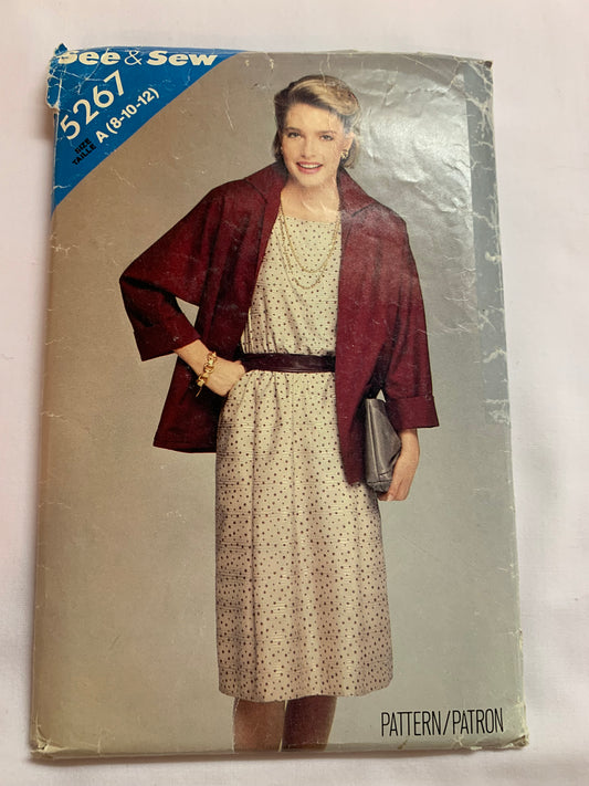 Butterick Sewing Pattern See & Sew 5267 Misses' Dress, Jacket, Loose-Fitting, A-Line, Pockets, Pullover, Elastic Waist, Size 8-12, Cut, Vintage 1996