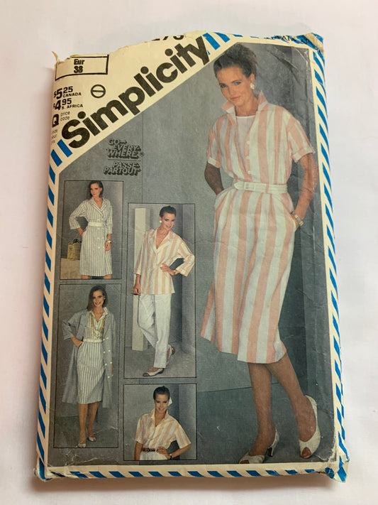 Simplicity Sewing Pattern 6273 Misses' Jacket, Blouse, Slim Skirt, Pants, Pockets, Double Breasted, Collar, Size 10, Cut, Vintage 1983