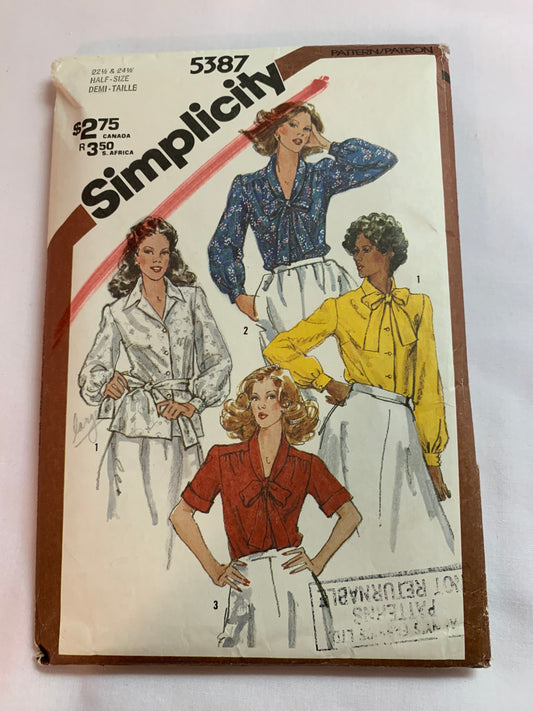 Simplicity Sewing Pattern 5387 Misses' Half Size Blouses, Shirts, Button Front, Long/Short Sleeves, Pockets, Collar, Size 22 1/2 - 24 1/2, Cut, Vintage 1981