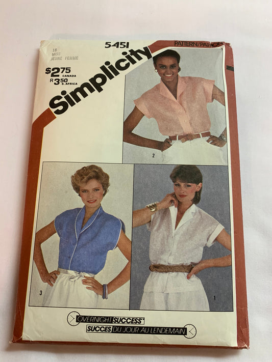 Simplicity Sewing Pattern 5451 Misses' Blouses, Shirts, Button Front, Short Sleeves, Collar, Size 18, Cut, Vintage 1982