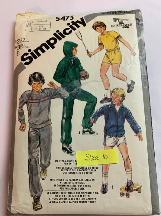Simplicity Sewing Pattern 5473 Boys' Unlined Jacket, Hood, Pullover Tops, Pants, Shorts, Long/Short Sleeves, Pockets, Pull-On, Size 7-10, Cut, Vintage 1982
