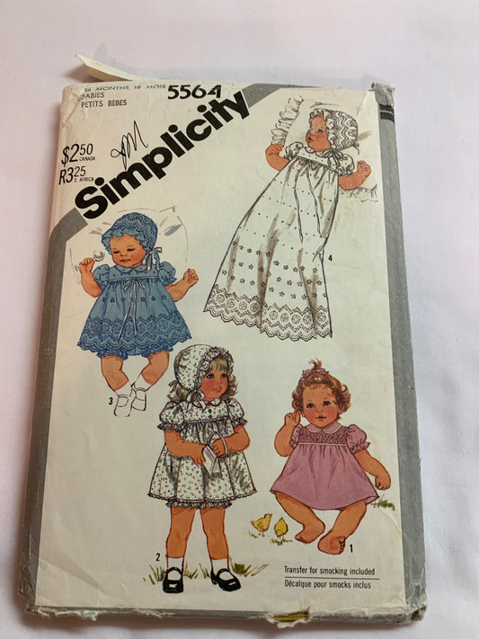 Simplicity Sewing Pattern 5564 Babies/Infants, Two Lengths, Panties, Hat, Dress, Smocking, Collar, Short Puff Sleeves, Size 18 Mths, Cut, Vintage 1982