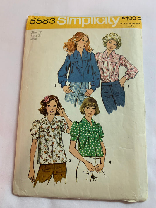 Simplicity Sewing Pattern 5583 Misses' Smock Blouse, Two Lengths, Long/Short Sleeves, Button Front, Collar, Size 12, Cut, Vintage 1973