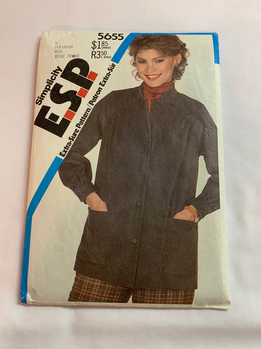 Simplicity Sewing Pattern 5655 Misses' Unlined Jacket, Raglan Long Sleeves, Pockets, Button Front, Loose-Fitting, Size 16-20, Cut, Vintage 1982