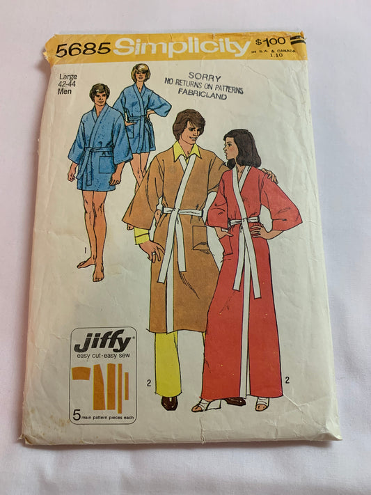 Simplicity Sewing Pattern 5685 Men's/Misses' Kimono Robe, Two Lengths, Pockets, Tie Belt, Wrap, Size 42-44, Cut, Vintage 1973