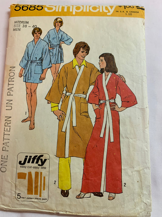 Simplicity Sewing Pattern 5685 Men's/Misses' Kimono Robe, Two Lengths, Pockets, Tie Belt, Wrap, Size 38-40, Cut, Vintage 1973