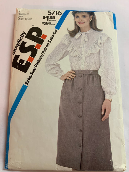 Simplicity Sewing Pattern 5716 Misses' Blouse, Skirt, Top, Long Sleeves, Button Front, Pockets, Size 16-20, Cut, Vintage 1982