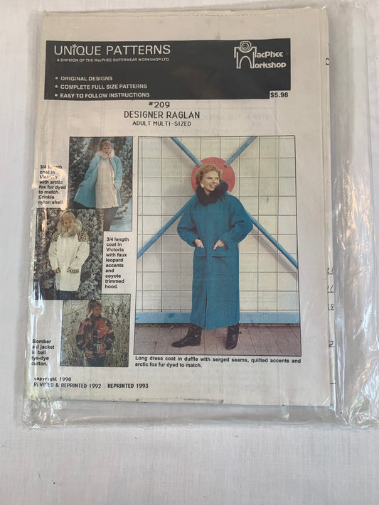 Unique Patterns Designer Raglan Jacket, Coat, Bomber Ski Jacket, Size 32-48, Winter, MacPhee Workshop, Pockets, Hood, Collar, Zipper Front, Parka, Cuffs, 1993