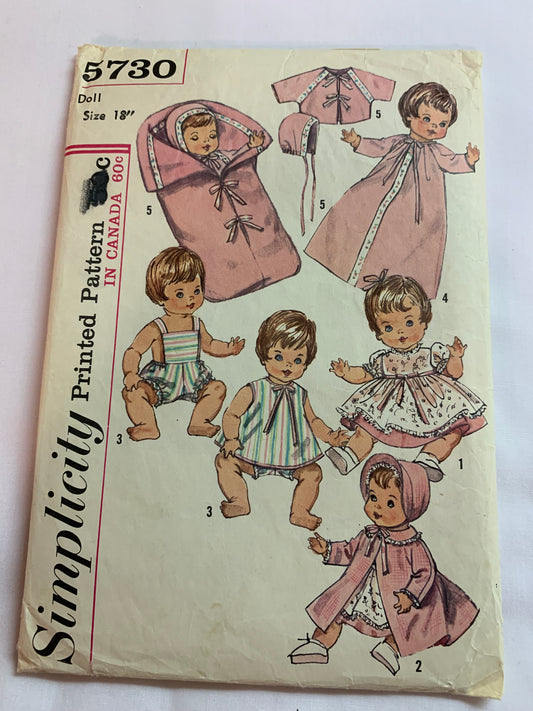 Simplicity Sewing Pattern 5730 Dolls' 18 Inch Betsy Wetsy, Ginny, sweetie Pie, Winkie, Twinkie, Wardrobe, Carriers, Bunting, Ruffles, Skirt, Hat, Nightgown, Sunsuit, Cut, Vintage 1964