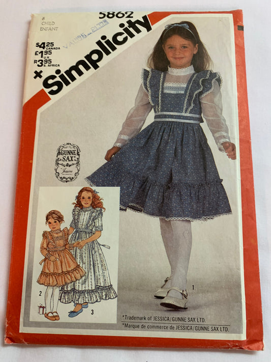 Simplicity Sewing Pattern 5862 Girls' Dress, Long/Short Sleeves, High Waist, Two Lengths, Back Tie, Ruffles, Zipper Back, Size 6, Cut, Vintage 1982