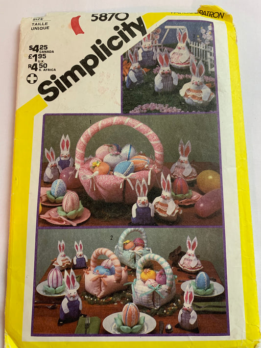 Simplicity Sewing Pattern 5870 Basket Decorations, Easter Bunny, Decorated Eggs, Centerpieces, Bunnies, Egg, Overalls, Skirt, Cut, Vintage 1982