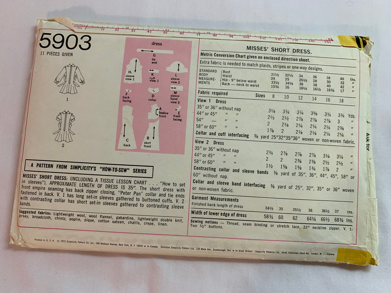 Simplicity Sewing Pattern 5903 Misses' Dresses, Mini Dress, Two Lengths, Long/Short Sleeves, Zipper Back, Empire Waist, Size 10, Cut, Vintage 1973