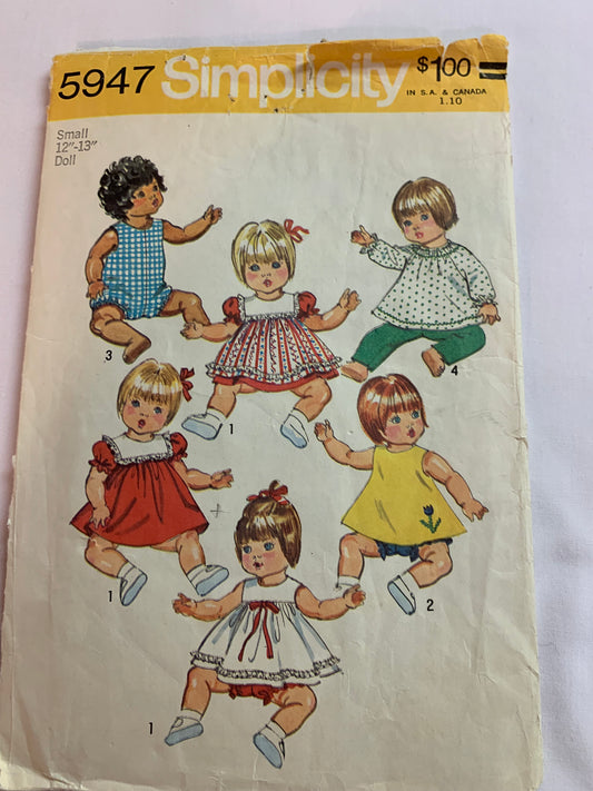 Simplicity Sewing Pattern 5947 12"-13" Doll Clothes, Wardrobe, Dress, Pinafore, Pants, Romper, Top, Panties, Cut, Vintage 1973