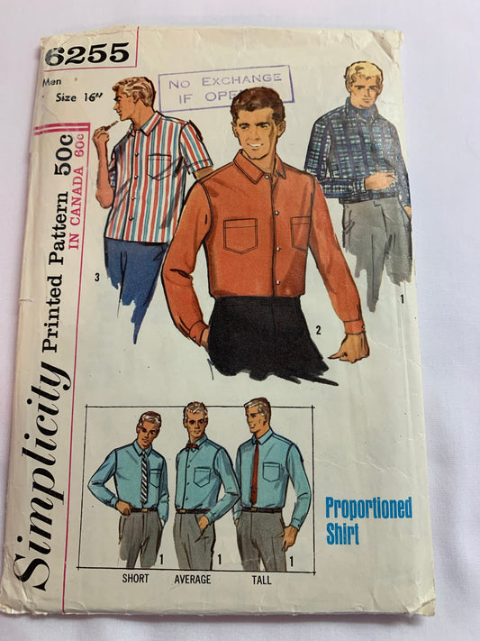 Simplicity Sewing Pattern 6255 Men's, Shirts, Long/Short Sleeves, Pocket, Collar, Button Front, Cuffs, Size 16, Cut, Vintage 1965