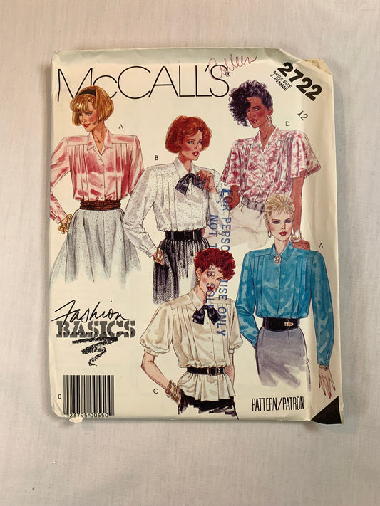 Mccall's Misses' Blouse, Tie, Size 12, Uncut, Vintage 1986