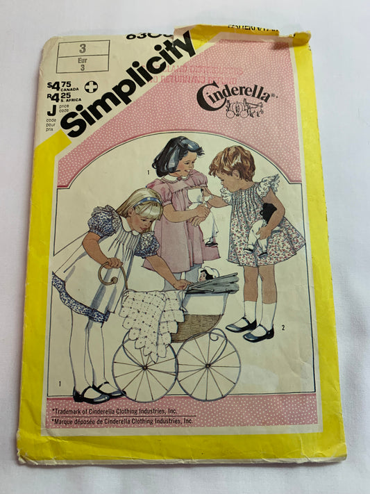 Simplicity Sewing Pattern Cinderella 6306 Toddlers'/Girls' Dress, Peter Pan Collar, Pinafore, Sundress, Two Lengths, Button Back, Short Sleeves, Size 3, Cut, Vintage 1983