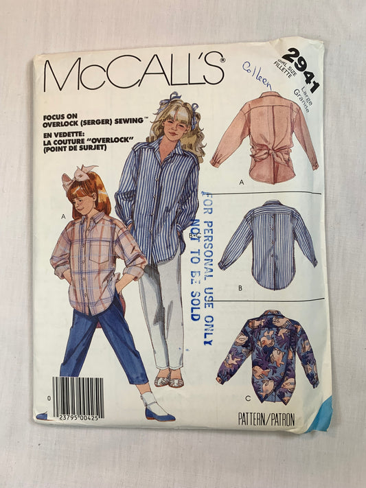 McCall's 2941 Girls' Blouse, Pants, Size 12-14, Uncut, Vintage 1987