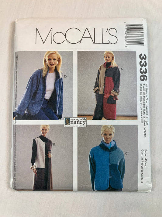 McCall's 3336 Misses'/Miss Petite Unlined Jacket, Coat, Vest, Size 8-22, Uncut, 2001