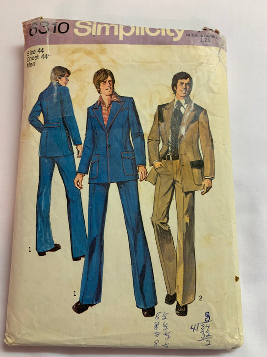 Simplicity Sewing Pattern 6310 Men's Suit, Pants, Jacket, Fly Zipper, Pockets, Breast Pocket, Pleats, Long Sleeves, Button Front, Collar, Size 44, Cut, Vintage 1974