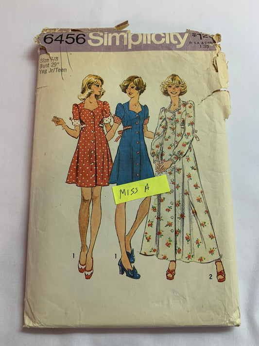 Simplicity Sewing Pattern 6456 Misses' Dresses, Mini Dress, Two Lengths, Long/Short Sleeves, Button Front, Empire Waist, Size 7-8, Cut, Vintage 1974
