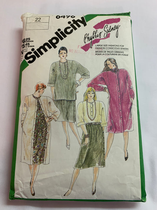 Simplicity Sewing Pattern 6496 Misses'Misses" Petite Shirt, Dress, Coat Dress, Tunic, Side Button, Side Slits, Pockets, Button Front, Long/Short Sleeves, Size 22, Cut, Vintage 1984