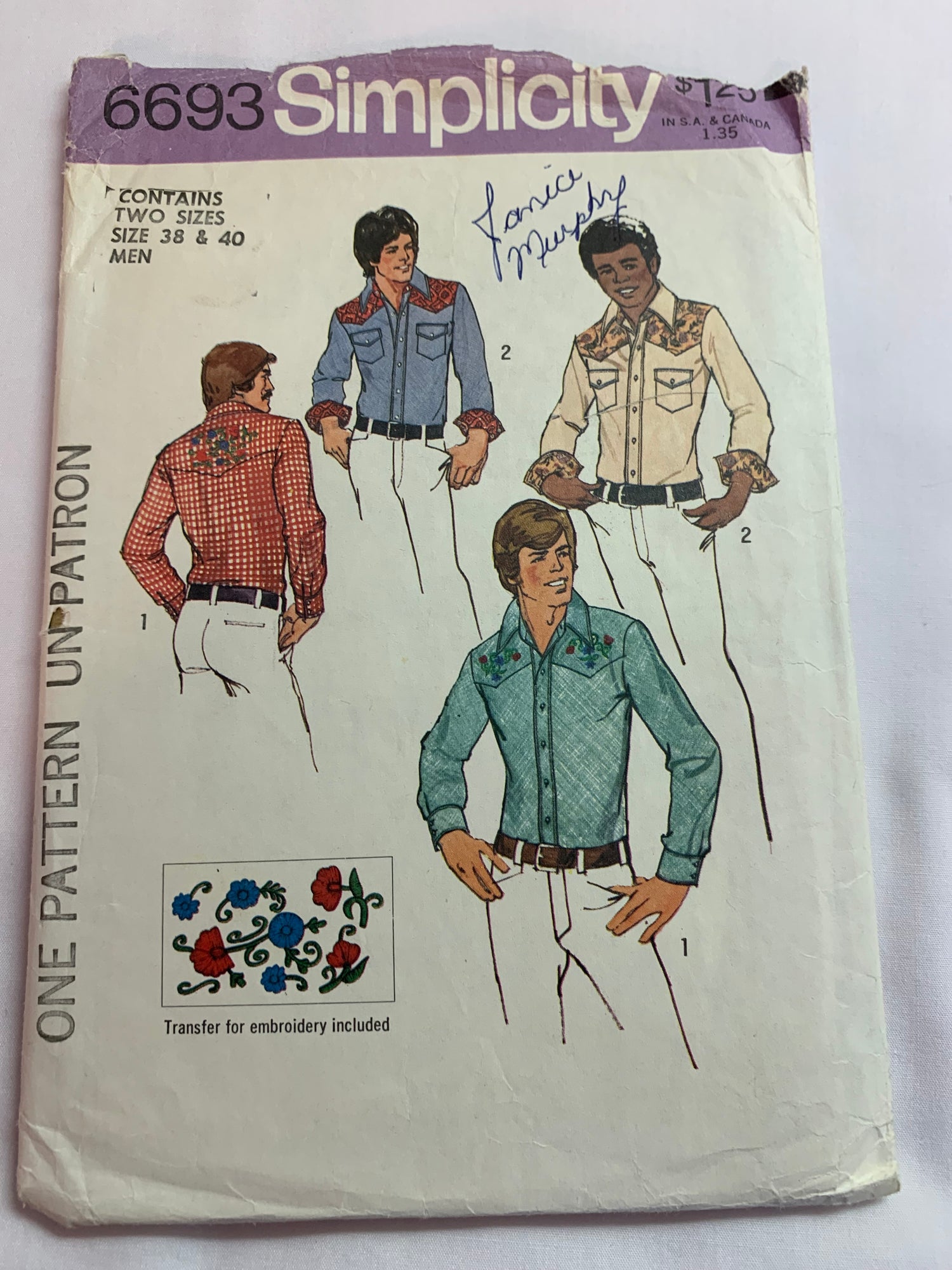 Simplicity Sewing Pattern 6693 Men's Western Shirts, Fitted, Long Sleeves, Pocket, Collar, Button/Snap Front, Cuffs, Size 38-40, Cut, Vintage 1974