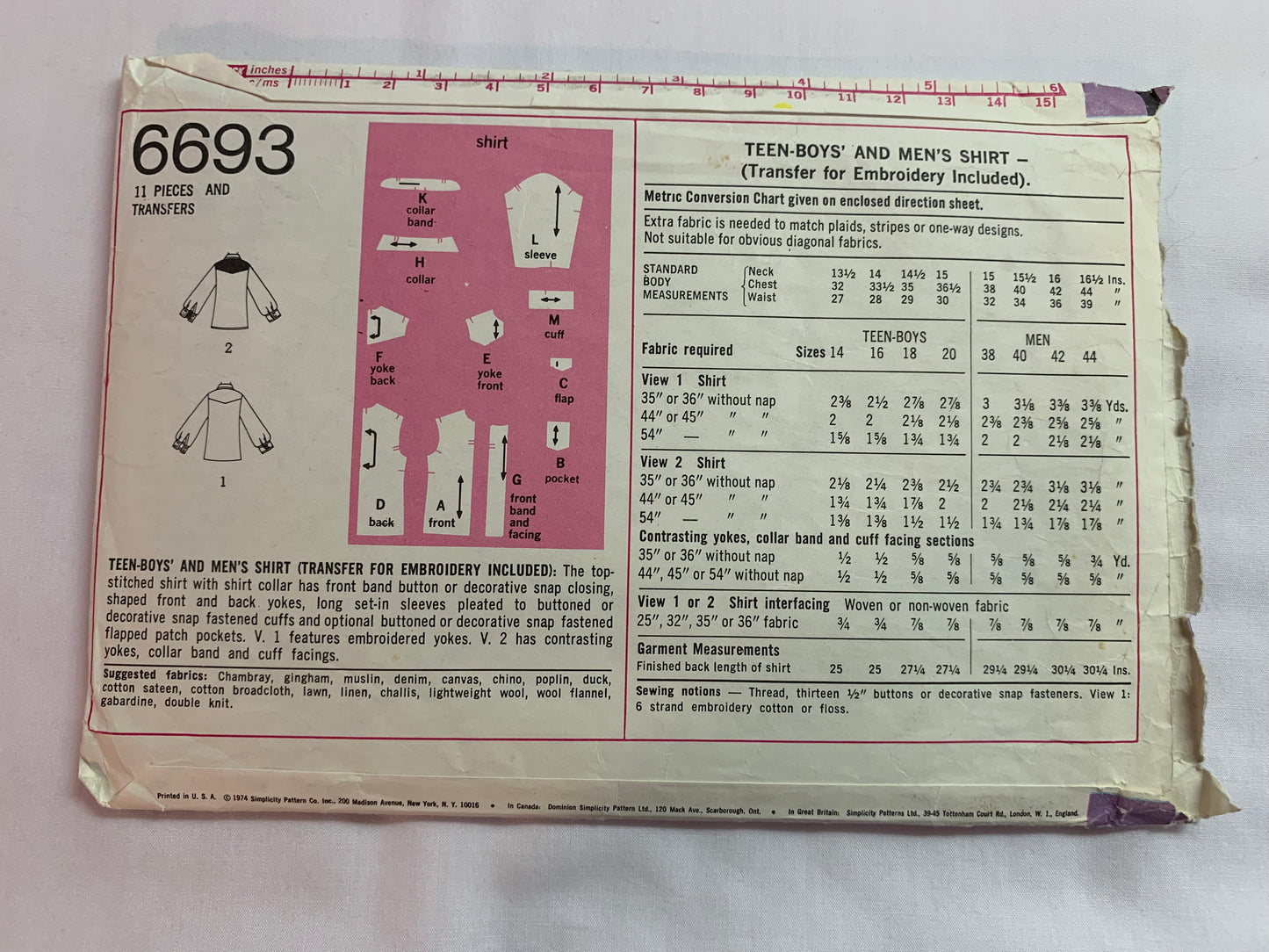 Simplicity Sewing Pattern 6693 Men's Western Shirts, Fitted, Long Sleeves, Pocket, Collar, Button/Snap Front, Cuffs, Size 38-40, Cut, Vintage 1974