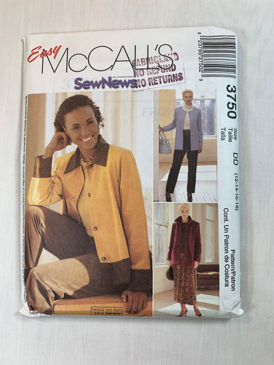 McCall's 3750 Misses' Unlined Jacket, Skirt, Pants, Size 12-18, Uncut, 2002