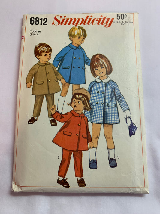 Simplicity Sewing Pattern 6812, Toddlers' Jacket, Coat, Detachable Collar, Pants, Lined, Long Raglan Sleeves, Button Front, Elastic Waist, Size 4, Cut, Vintage 1966