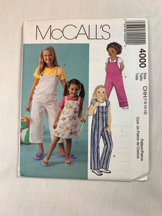McCall's 4000 Toddlers' Girls' Jumpsuit, Jumper, Size 7-12, Uncut, 2003