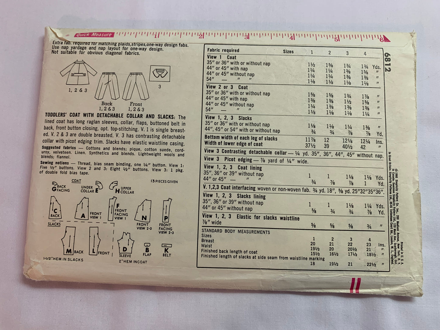 Simplicity Sewing Pattern 6812, Toddlers' Jacket, Coat, Detachable Collar, Pants, Lined, Long Raglan Sleeves, Button Front, Elastic Waist, Size 4, Cut, Vintage 1966