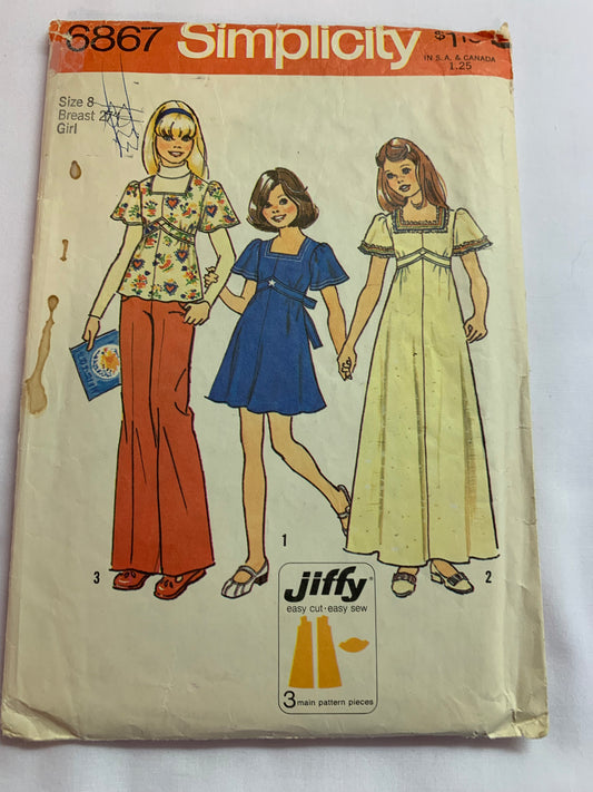 Simplicity Jiffy Sewing Pattern 6867 Girls'/Chubbies' Dress, Top, Tie Back, Two Lengths, Zipper Back, Short Sleeves, Size 8, Cut, Vintage 1975