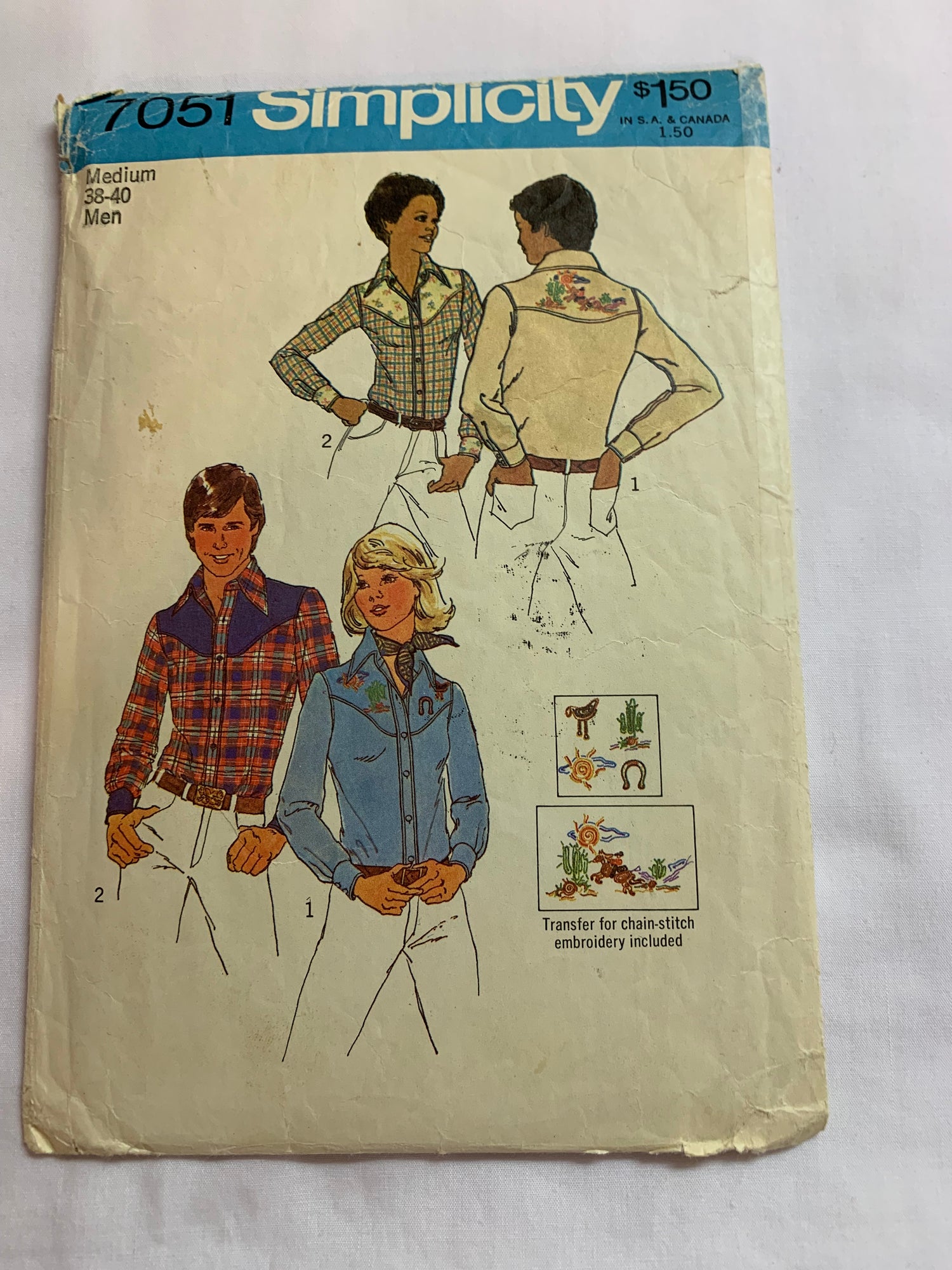 Simplicity Sewing Pattern 7051 Misses'/Men's, Western Shirt, Button/Snap Front, Cuffs, Size 38-40, Cut, Vintage 1972