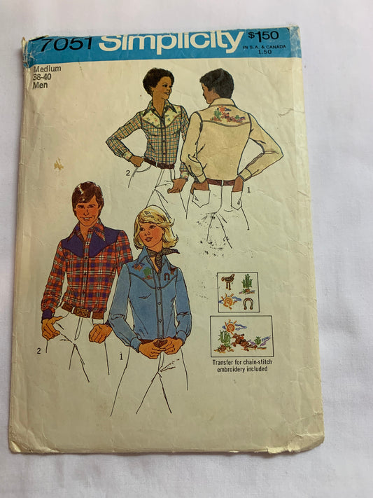 Simplicity Sewing Pattern 7051 Misses'/Men's, Western Shirt, Button/Snap Front, Cuffs, Size 38-40, Cut, Vintage 1972