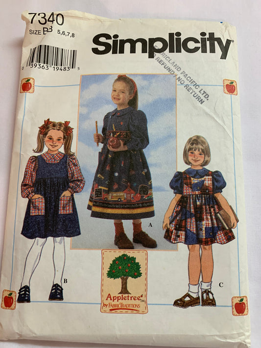 Simplicity Sewing Pattern 7340 Girls' Dress, Jumper, Blouse, Long/Short Sleeves, High Waist, Two Lengths, Ruffles, Zipper Back, Size 5-8, Cut, Vintage 1996