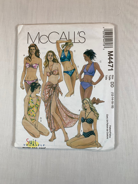 McCall's M4471 Misses' Bikini, Two-Piece Bathing Suits, Pareo, Wrap, Uncut, Size 12-18, 2004