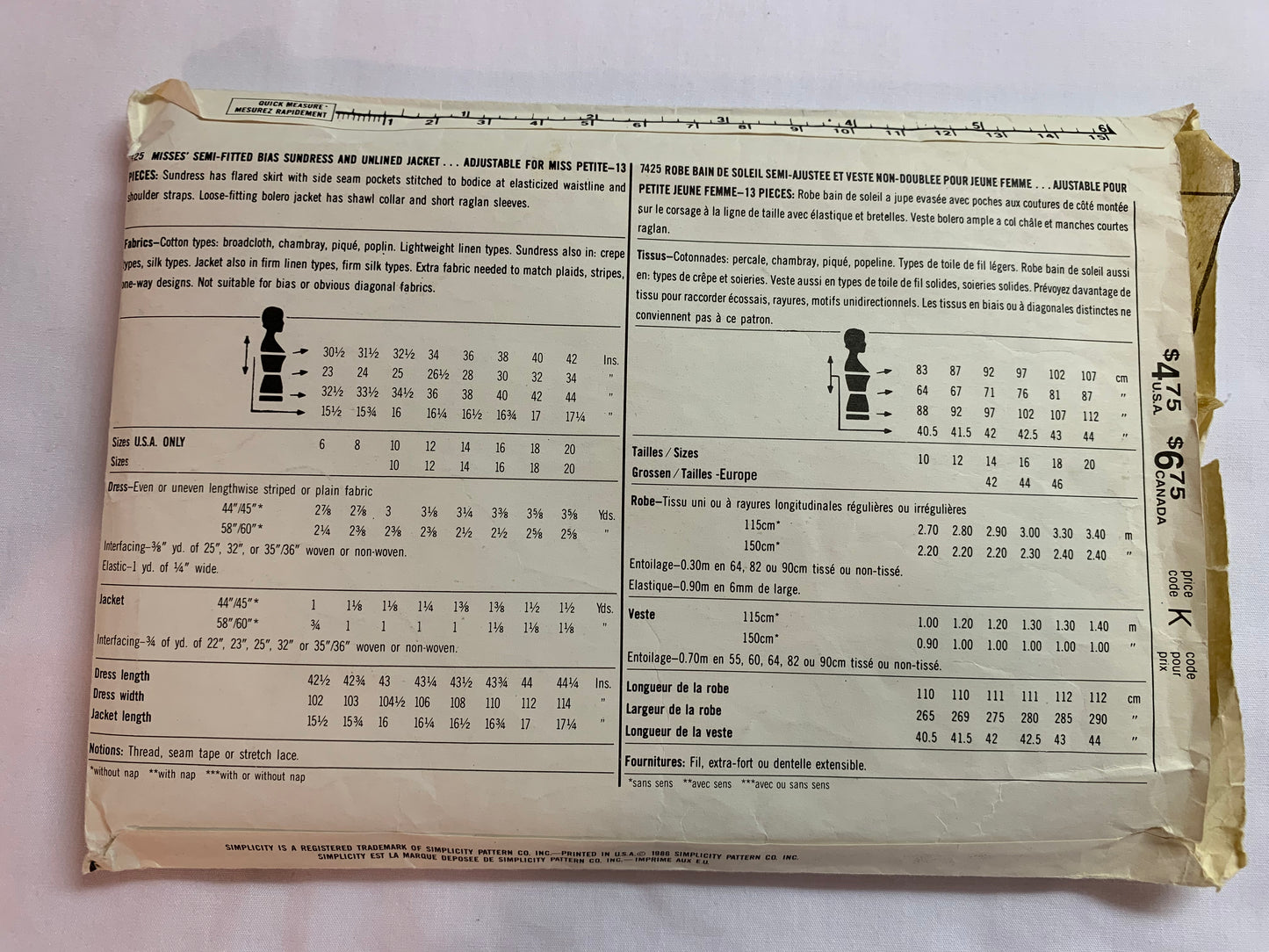 Simplicity Sewing Pattern 7425 Misses'/Miss Petite, Dress, Jacket, Sundress, Loose-Fitting,, Zipper Back, Pockets, Size 18, Cut, Vintage 1986