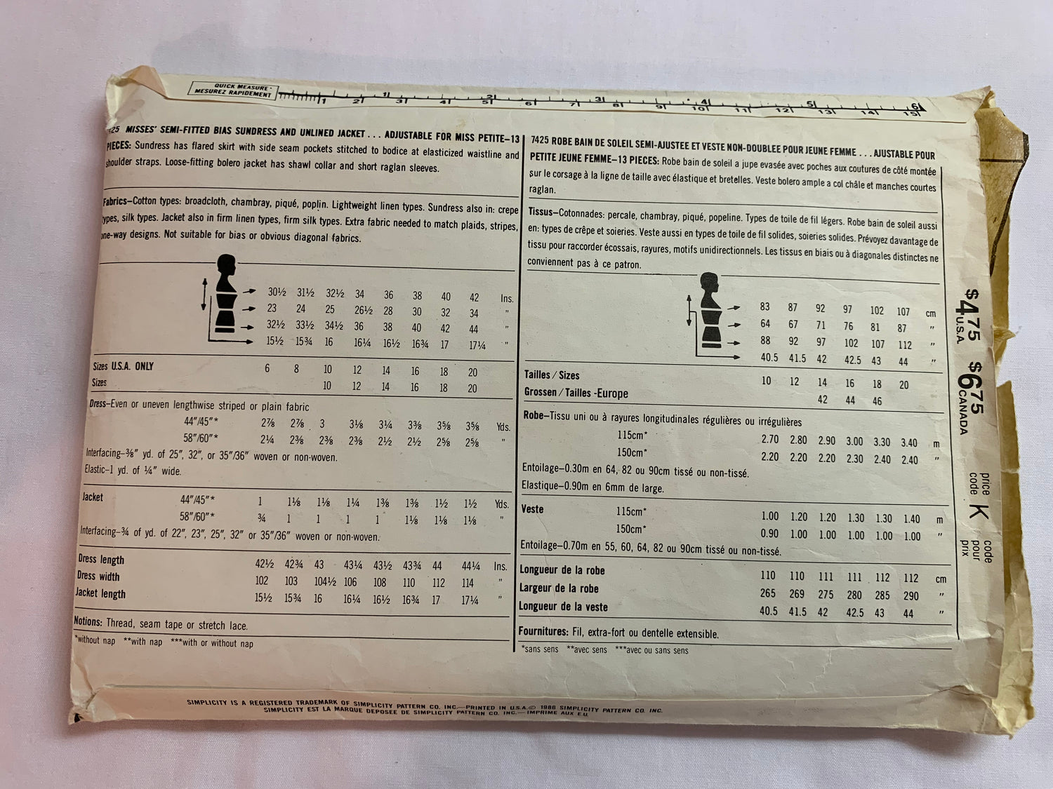 Simplicity Sewing Pattern 7425 Misses'/Miss Petite, Dress, Jacket, Sundress, Loose-Fitting,, Zipper Back, Pockets, Size 18, Cut, Vintage 1986