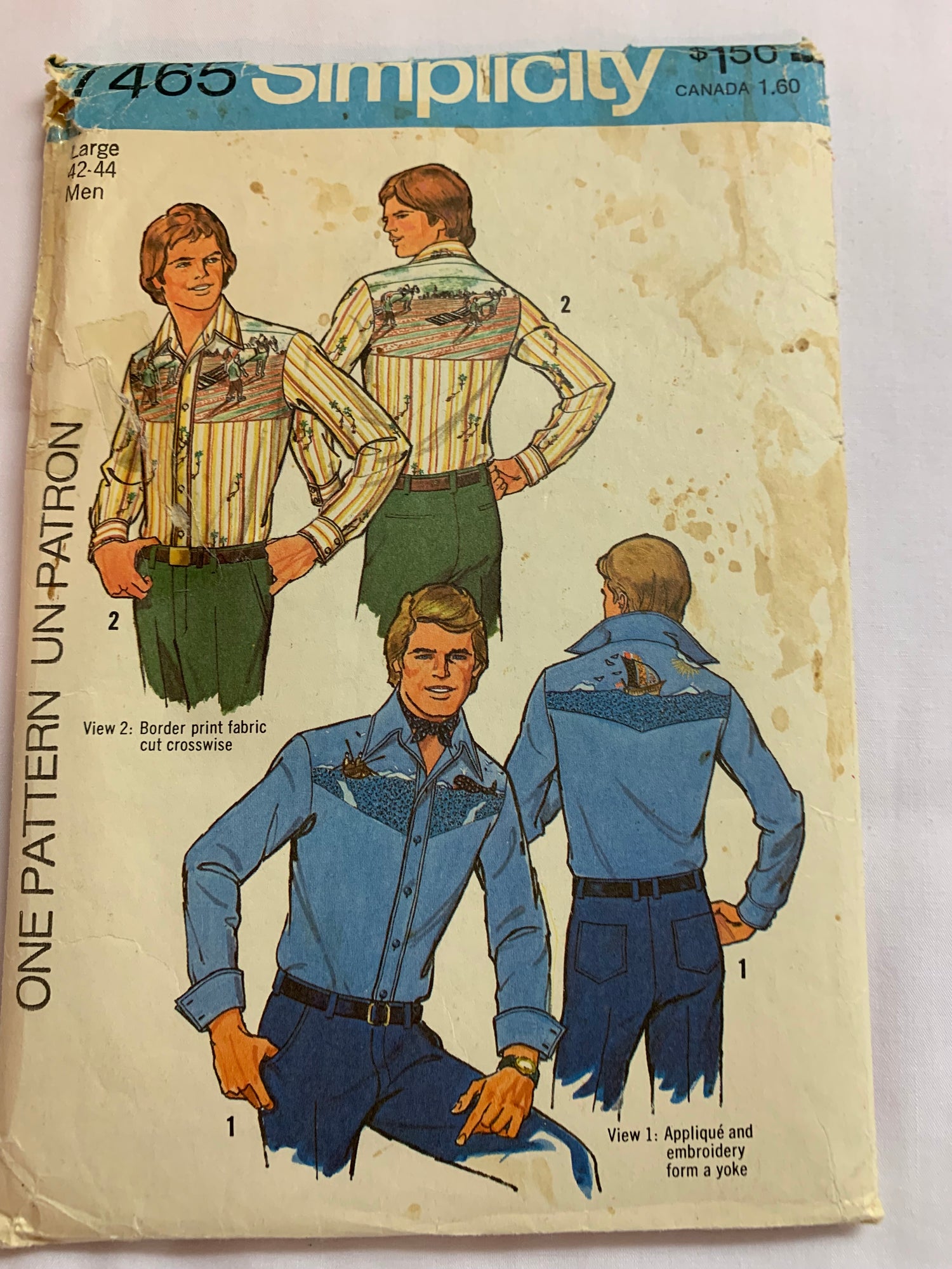 Simplicity Sewing Pattern 7465 Men's, Western Shirts, Fitted, Long Sleeves, Collar, Button/Snap Front, Cuffs, Size42-44, Cut, Vintage 1976