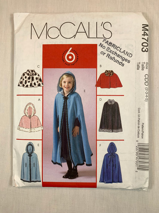 McCall's Sewing Pattern M4703 Children's/Girls' Lined Capelets, Hood, Capes, Flared, 7 Variations, Size 2-5, Uncut, 2004