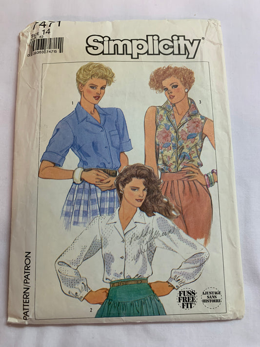 Simplicity Sewing Pattern 7471 Misses' Blouse, Shirt, Long/Short Sleeves, Button Front, Collar, Pockets, Sleeveless, Size 1, Cut, Vintage 1986