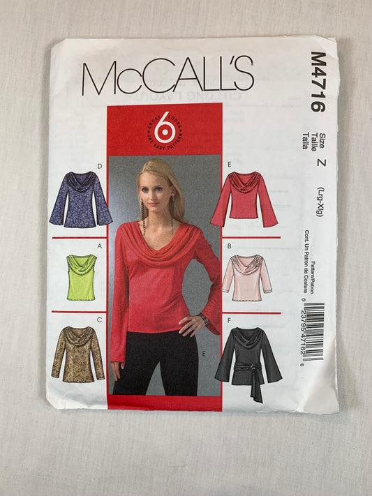 McCall's M4716 Misses'/Miss Petite Tops, Flower, Tunics, Sash, Size16-22, Uncut, 2004