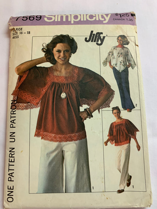 Simplicity Jiffy Sewing Pattern 7569 Misses' Jiffy Pullover Tops, Blouses, Shirts, Long Raglan Sleeves, Handkerchief Shape, Size 16-18, Cut, Vintage 1976