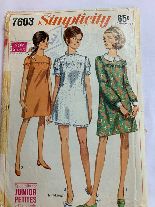 Simplicity Sewing Pattern 7603 Misses'Junior Petites' Dresses, Mini Dress, Two Lengths, Long/Short Sleeves, Loose-Fitting, Shorts, Zipper Back, Size 9, Cut, Vintage 1968