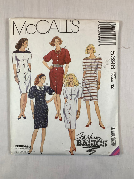 McCall's 5398 Misses' Dresses, Size 12, Uncut, Vintage 1991