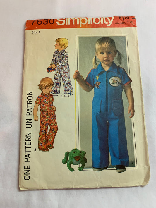 Simplicity Sewing Pattern 7630 Toddlers' Jumpsuit, Zipper Front, Pockets, Elastic Waist, Snap Crotch, Size 1, Cut, Vintage 1976