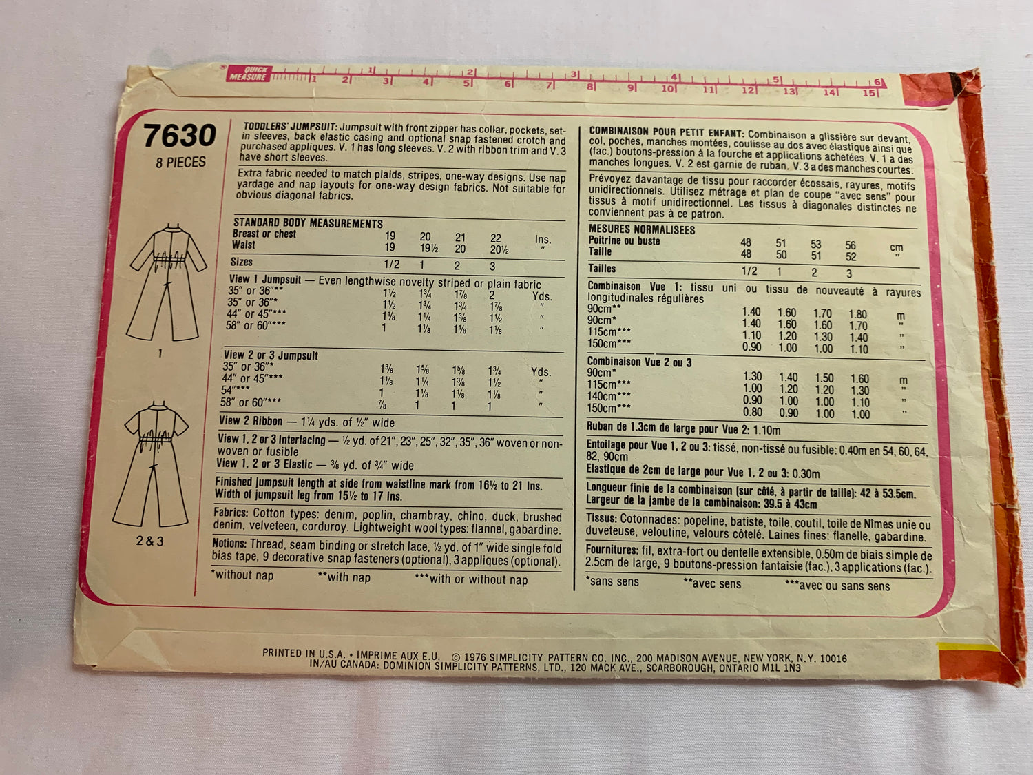 Simplicity Sewing Pattern 7630 Toddlers' Jumpsuit, Zipper Front, Pockets, Elastic Waist, Snap Crotch, Size 1, Cut, Vintage 1976