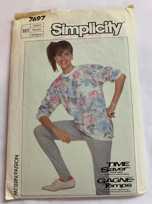 Simplicity Sewing Pattern 7697 Misses' Tunic, Top, Pull-On Stirrup Pants, Stretch Knits, Loose-Fitting, Long Sleeves, Elastic Waist, Size 14-16, Cut, Vintage 1986