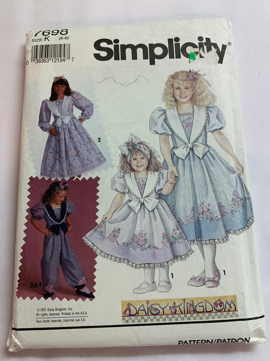Simplicity Daisy Kingdom Sewing Pattern 7698 Girls' Dress, Romper, Tie Back, Zipper Back, Collar, Bow, ruffle, Slip, Long/Short Sleeves, Size 6-8, Cut, Vintage 1991